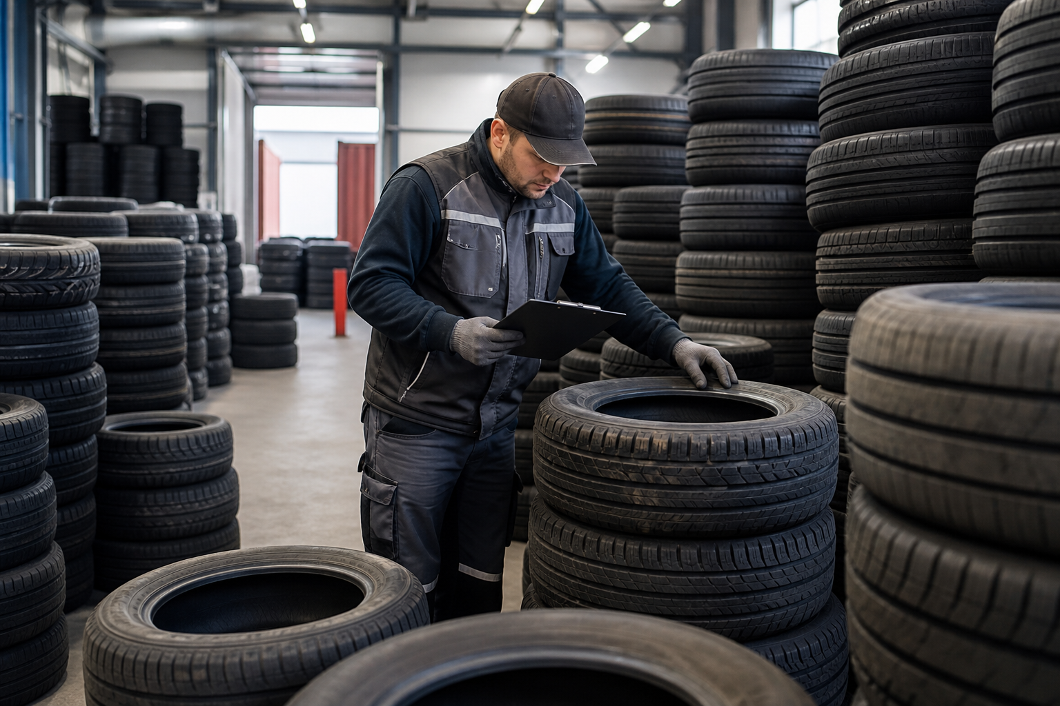 Worker inspecting used tyres in a warehouse