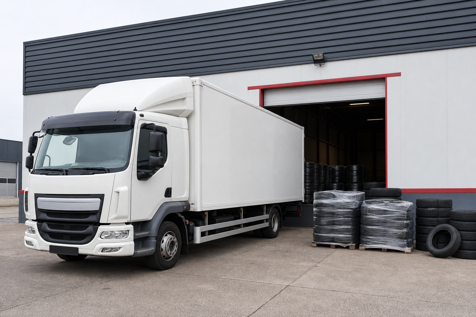 Truck loading used tyres outside a warehouse