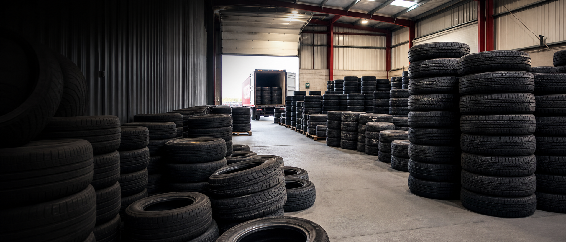 Bulk used tyres stored in a warehouse ready for export